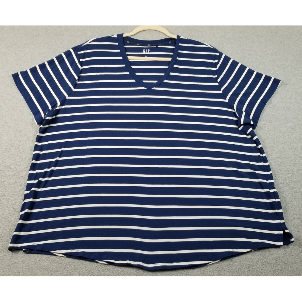 Gap‎ T-Shirt Women's XXL 2XL Blue White Striped V Neck Short Sleeves Stretch Tee